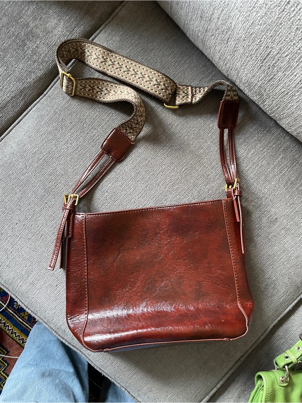 Brown Vegan Leather shoulder/crossbody purse with a woven fabric strap
